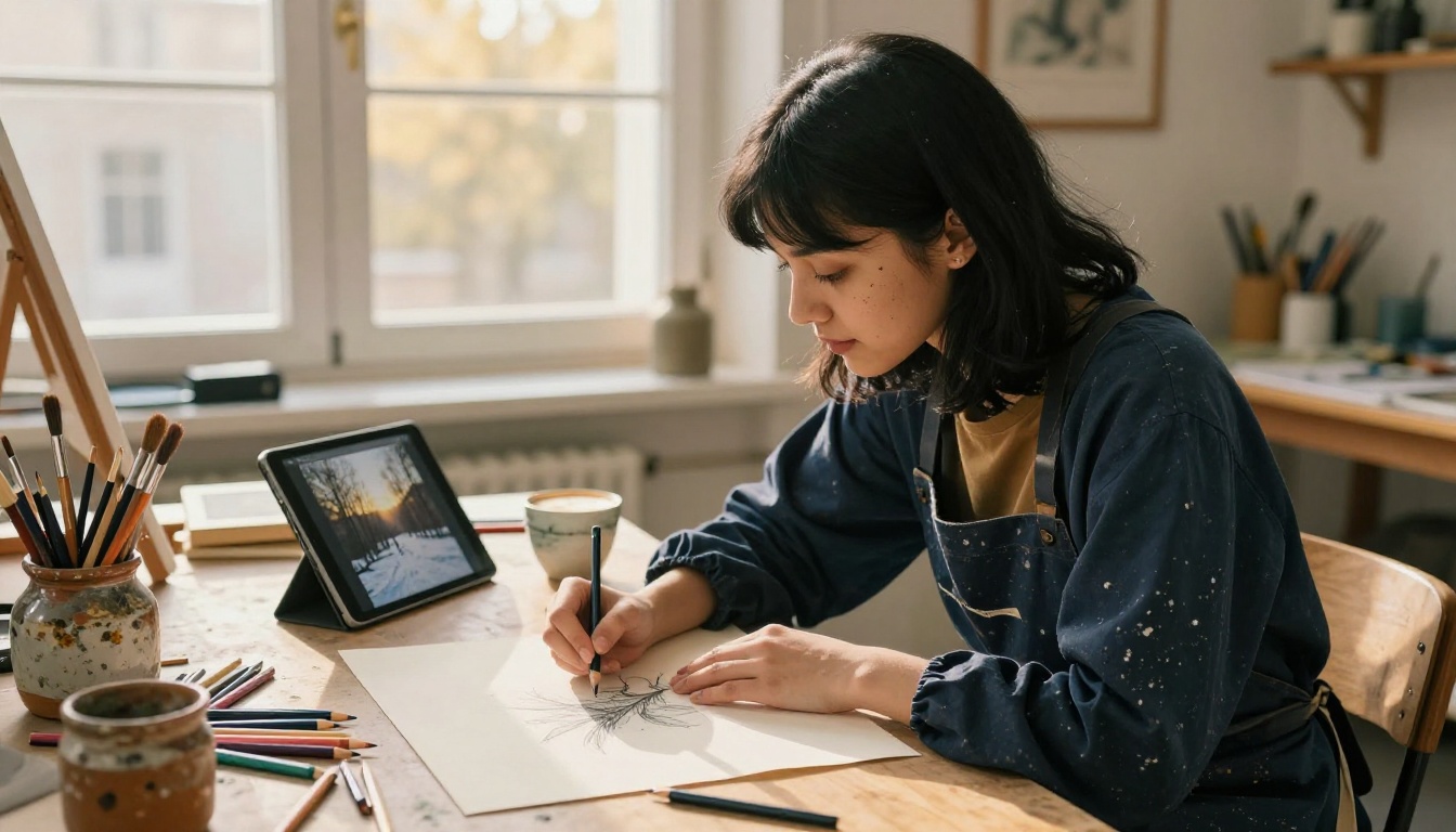 Art student sketching while referencing generated image on tablet