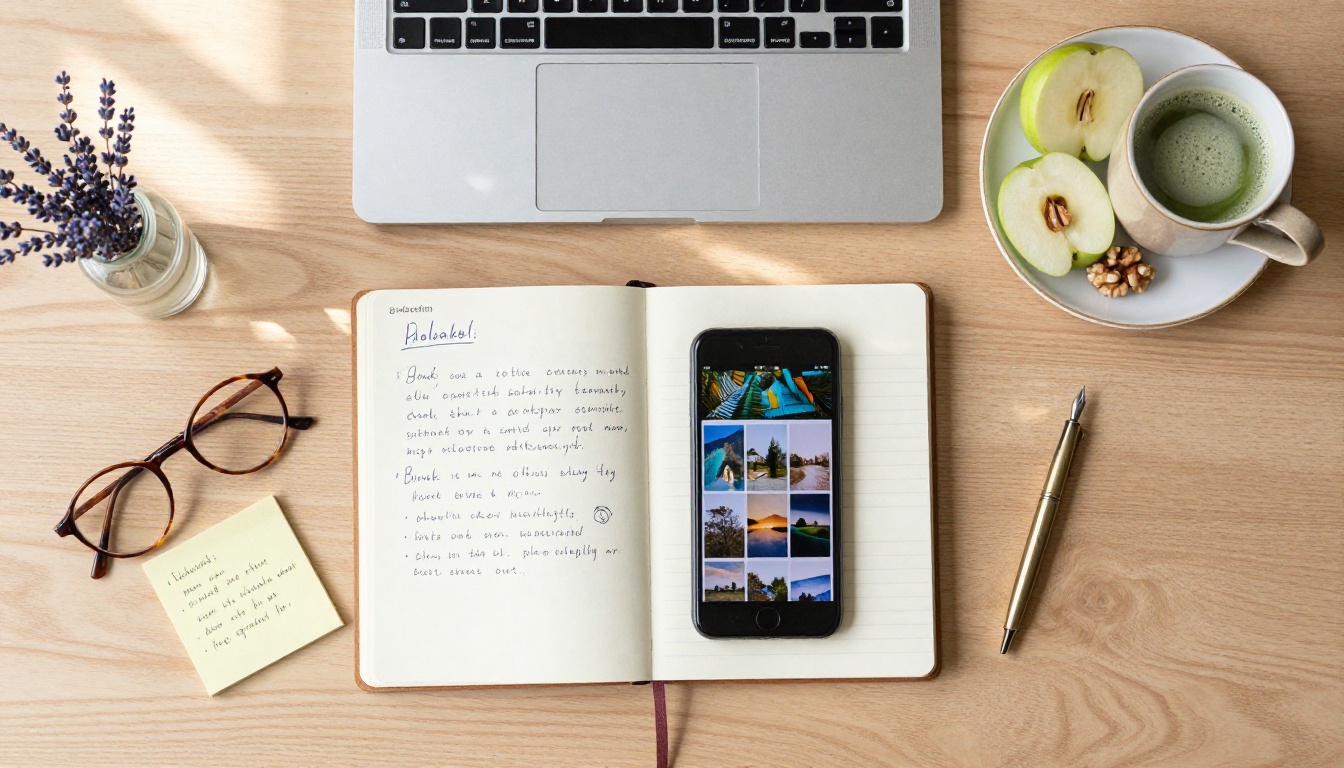 Aerial flatlay of organized creative workspace with notebook and devices