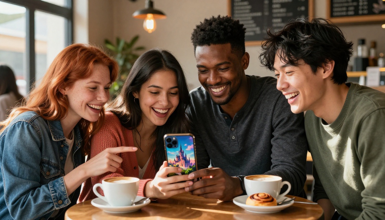 Diverse friends laughing at phone showing generated castle Diverse friends laughing at phone showing generated castle