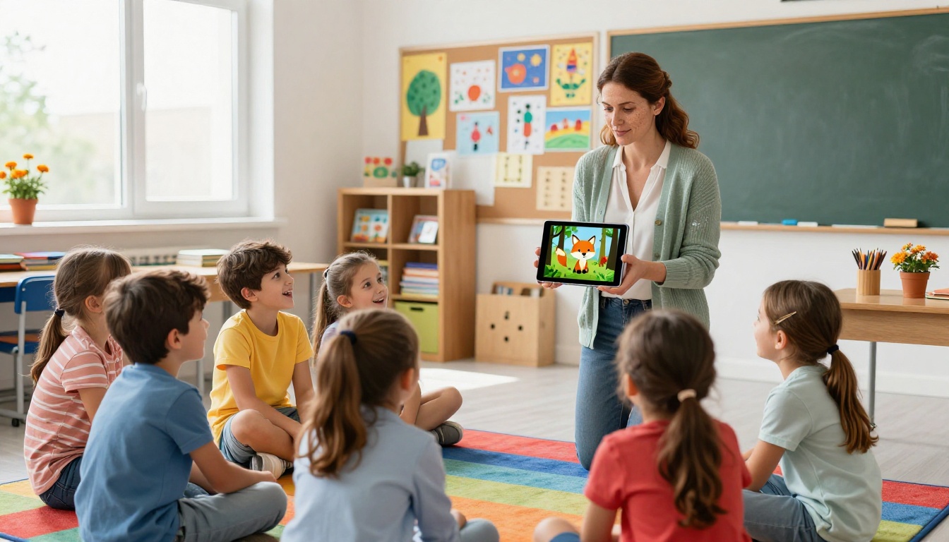 Teacher showing tablet illustration to children seated on rug Teacher showing tablet illustration to children seated on rug