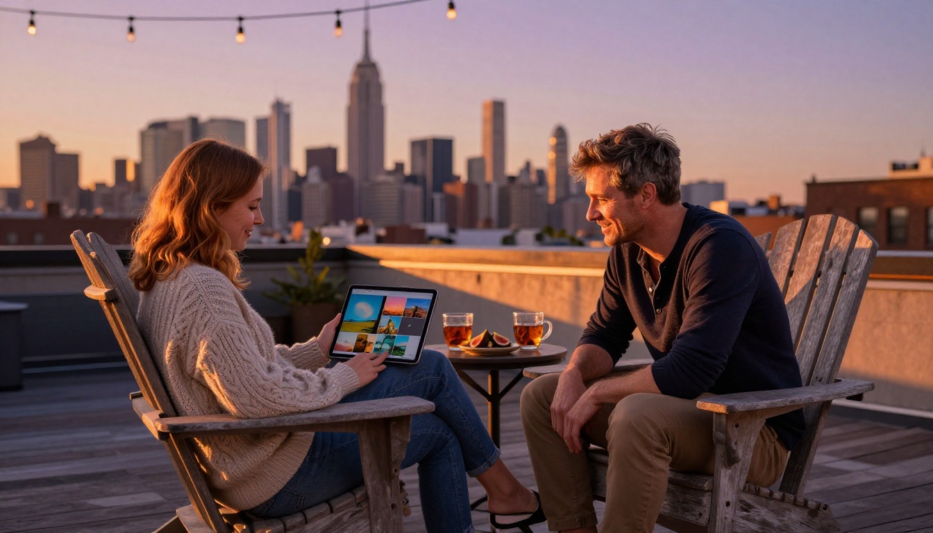 Two friends on rooftop reviewing generated portfolio at sunset Two friends on rooftop reviewing generated portfolio at sunset