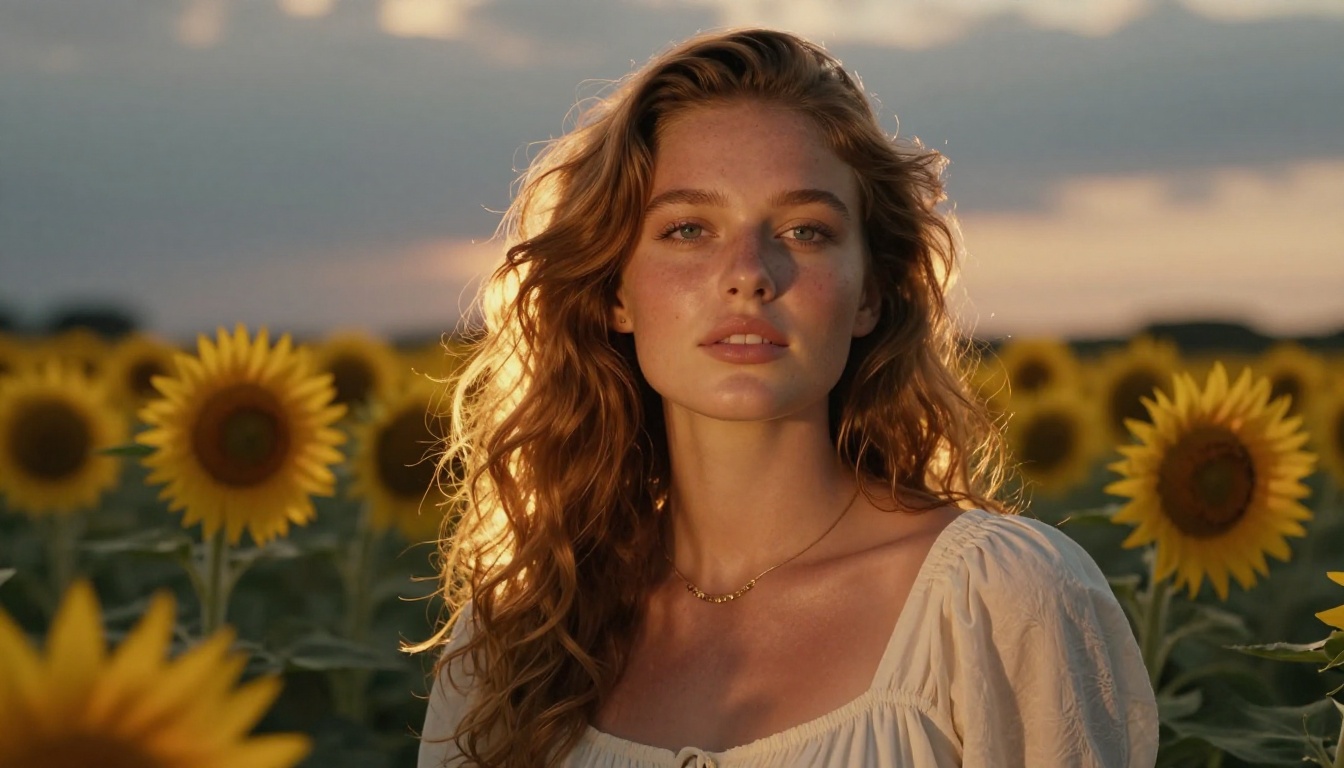 Close-up portrait of a beautiful young woman with sun-kissed skin in a sunflower field at golden hour, soft light, photorealistic RAW photography