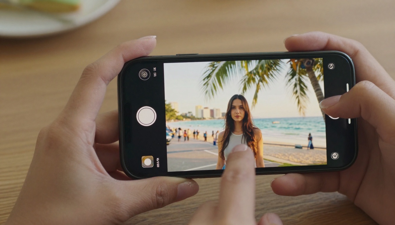 Hands holding phone showing before and after AI background swap from city street to tropical beach