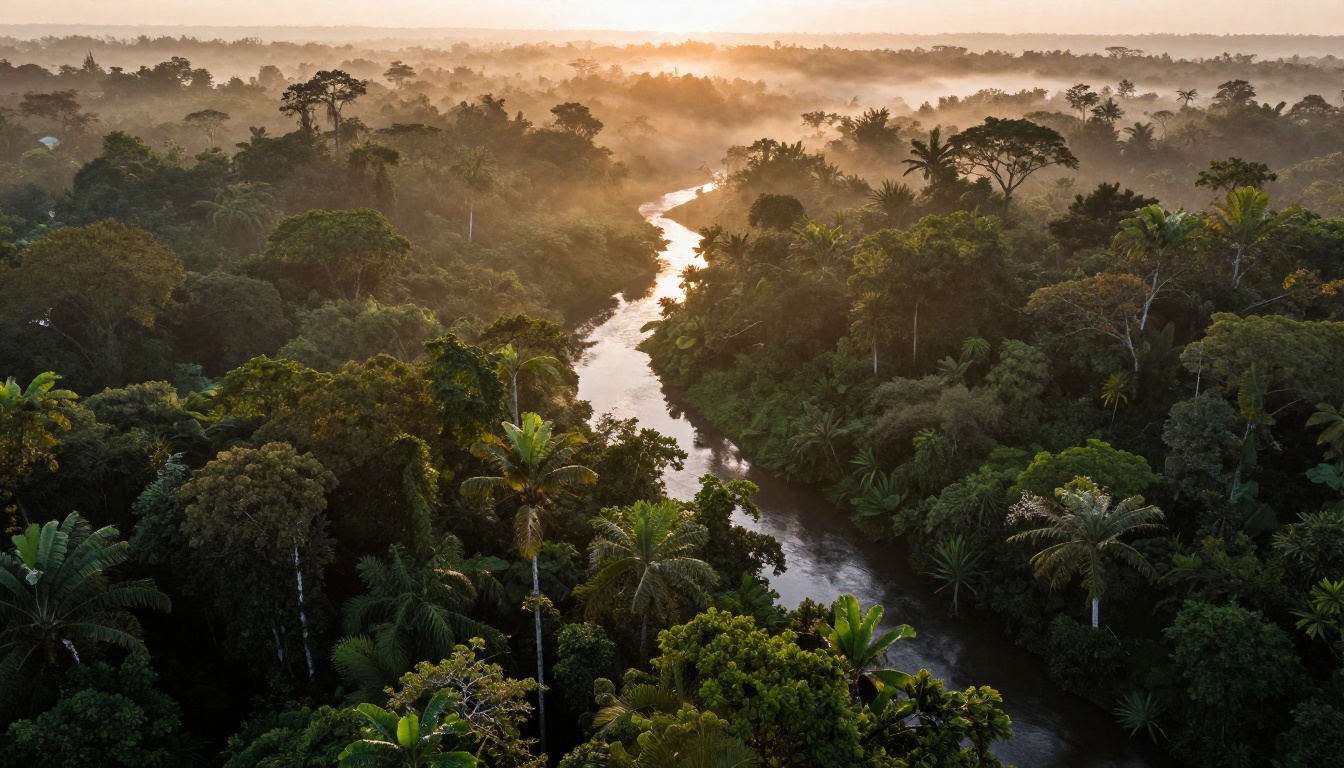 Aerial bird's-eye view of tropical rainforest canopy at sunrise, morning mist rolling between treetops, winding river catching first orange light