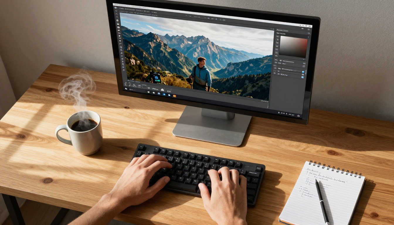 AI photo editing workflow with background replacement on monitor
