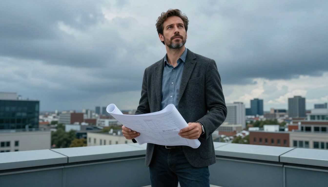 Low-angle shot of a confident male architect on a rooftop terrace with city skyline behind him, holding blueprints, overcast dramatic sky