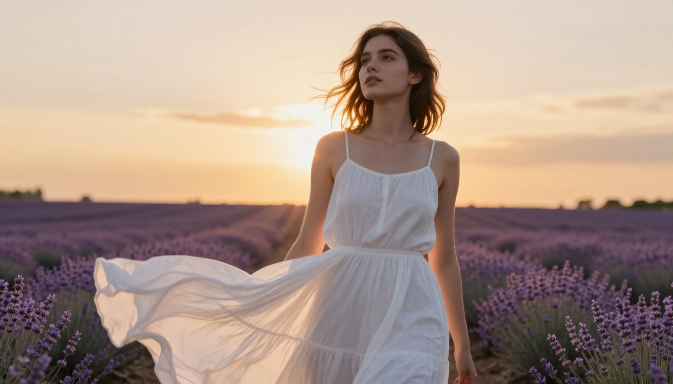 Woman in sundress with AI background replaced from parking lot to lavender field at sunset