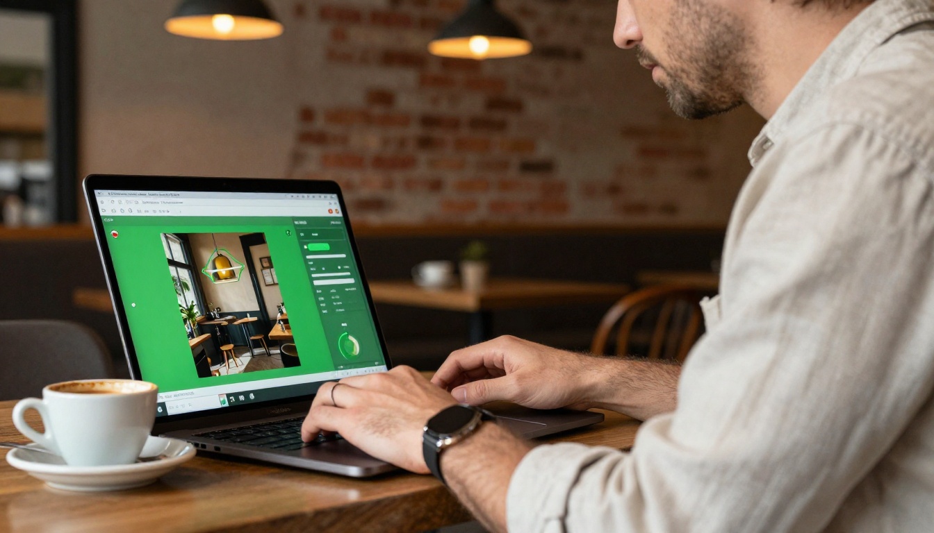 Man at cafe table with laptop open showing AI background replacement tool