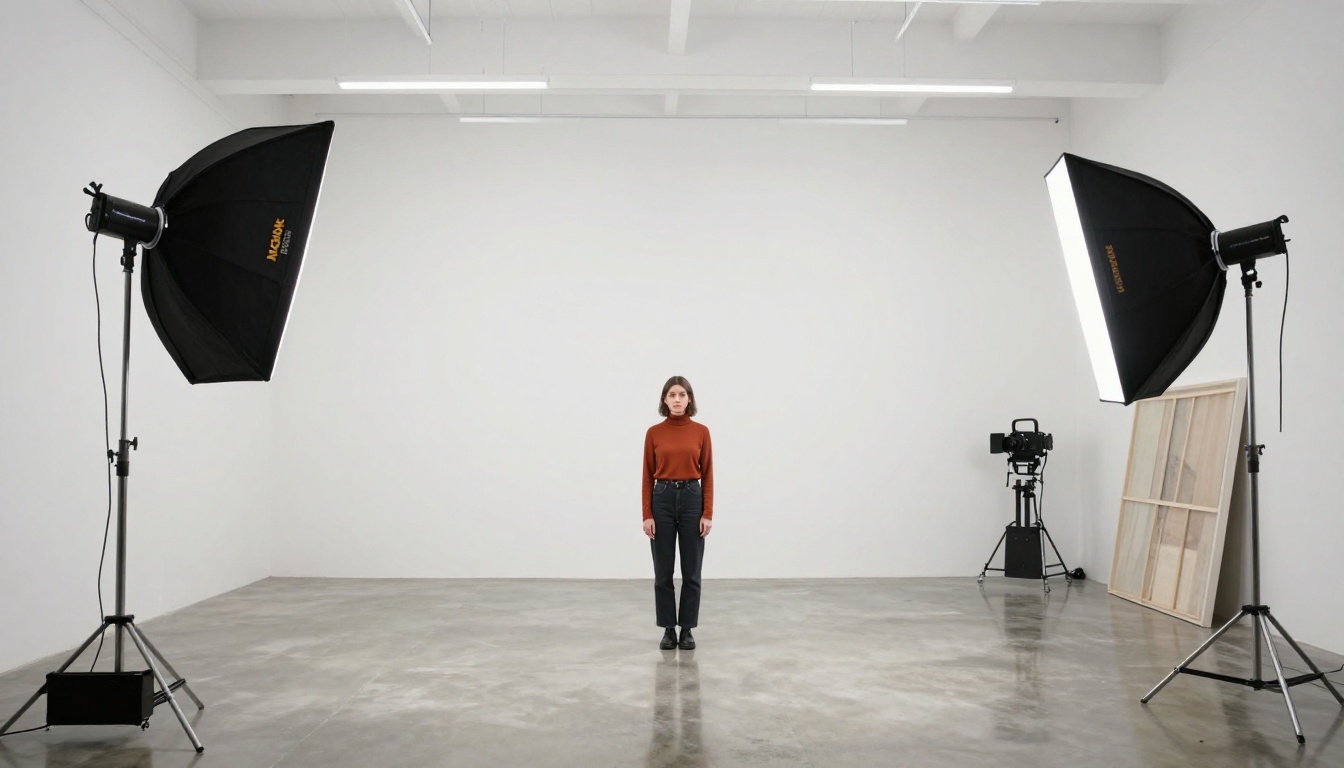 Wide shot of a sleek modern photography studio interior with a young woman posing under professional continuous lighting rigs