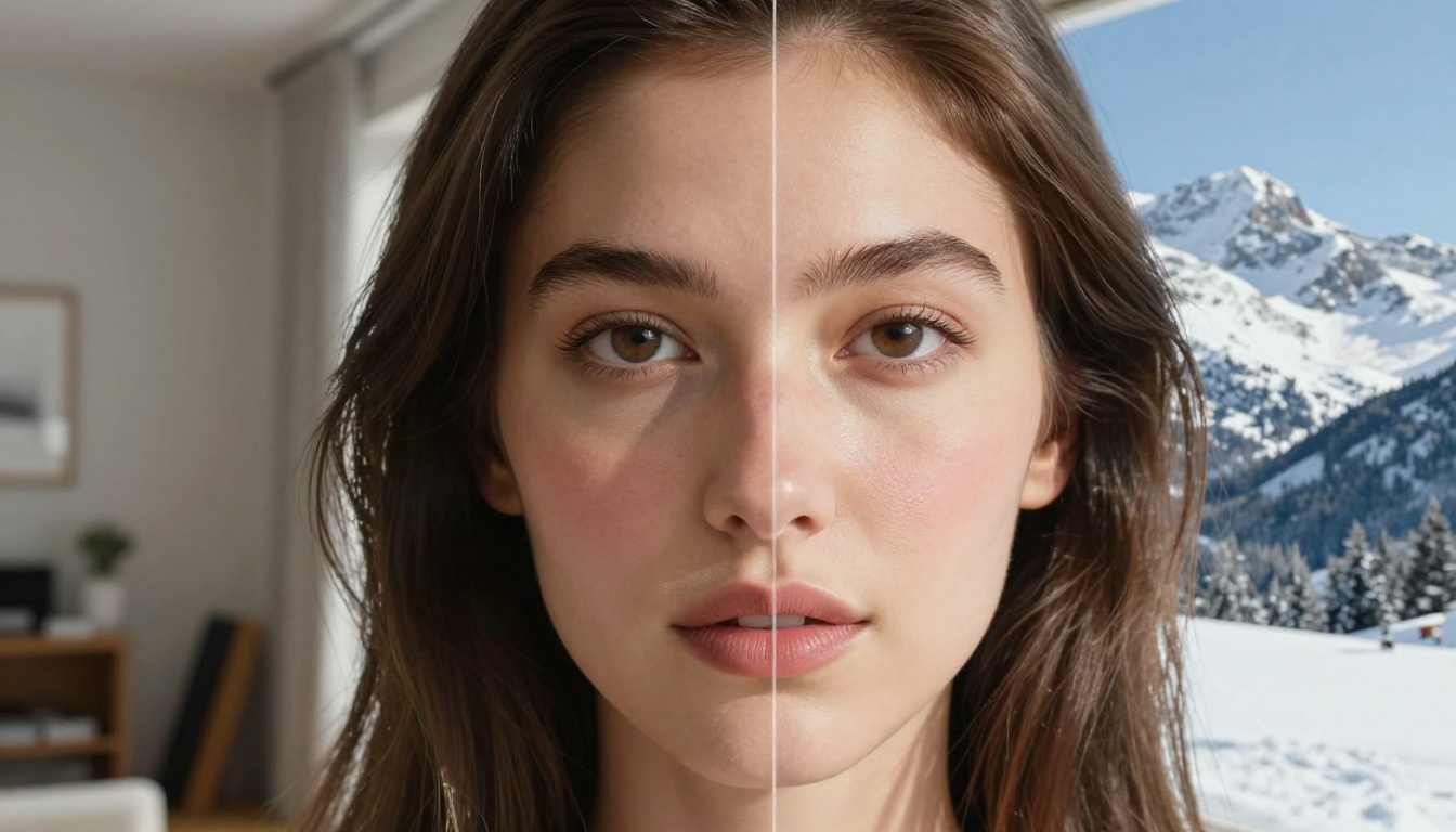 Close-up portrait with AI background transitioning from apartment to Alpine mountain scene