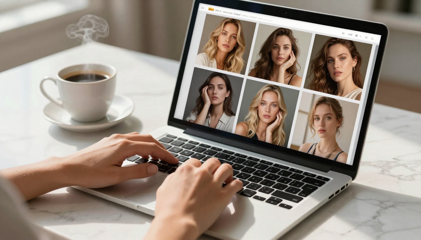 Medium close-up of elegant female hands typing on a slim laptop with a digital mood board showing photorealistic AI portrait grid on screen