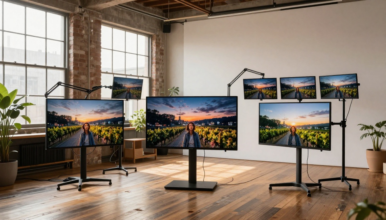Creative studio with multiple monitors showing different AI background replacement results