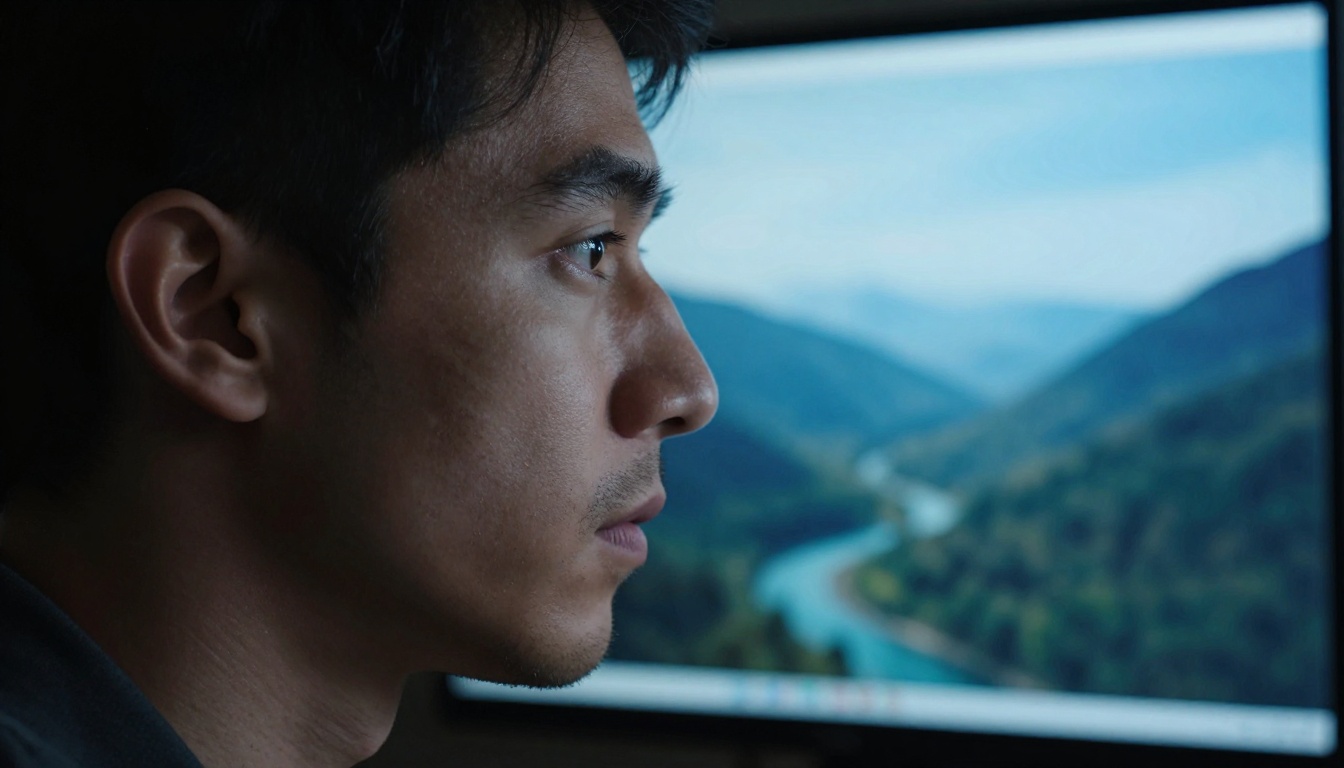 Side profile of a young man looking intently at a large monitor, screen glow illuminating his face, chiaroscuro lighting, skin texture visible Side profile of a young man looking intently at a large monitor, screen glow illuminating his face, chiaroscuro lighting, skin texture visible