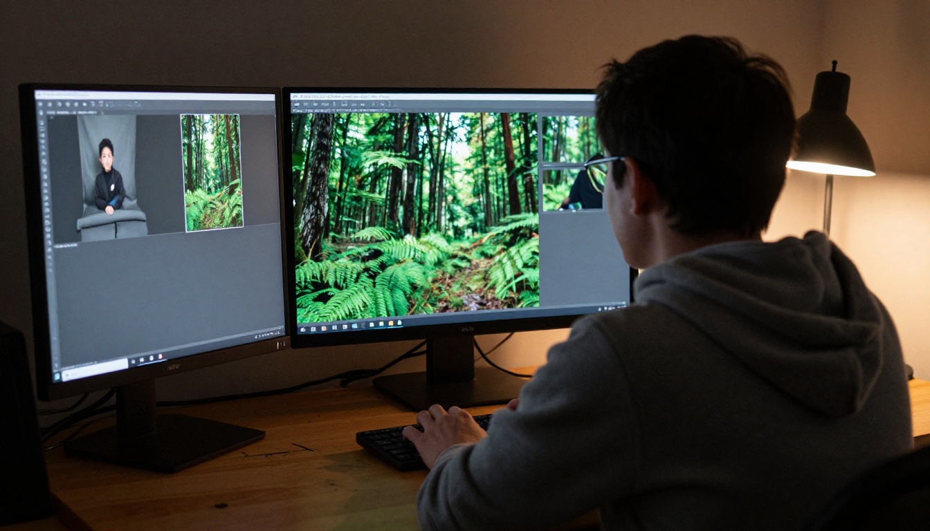 Photographer at workstation reviewing AI background swap results on screen