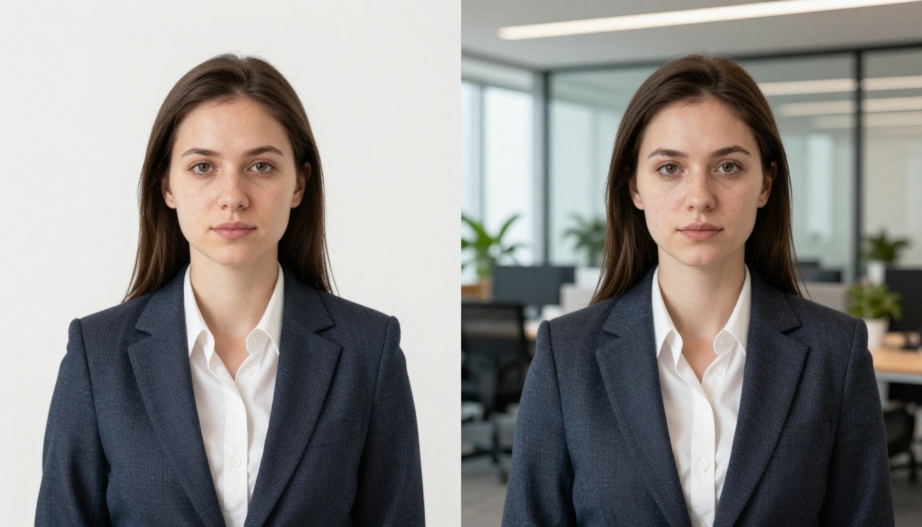 Business woman before and after AI background replacement to modern office interior
