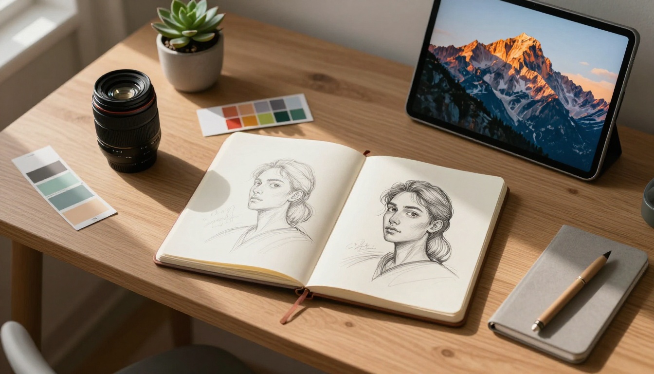 Overhead flat-lay of minimalist creative workspace with open sketchbook, camera lens, color swatches, and tablet displaying AI-generated mountain landscape Overhead flat-lay of minimalist creative workspace with open sketchbook, camera lens, color swatches, and tablet displaying AI-generated mountain landscape