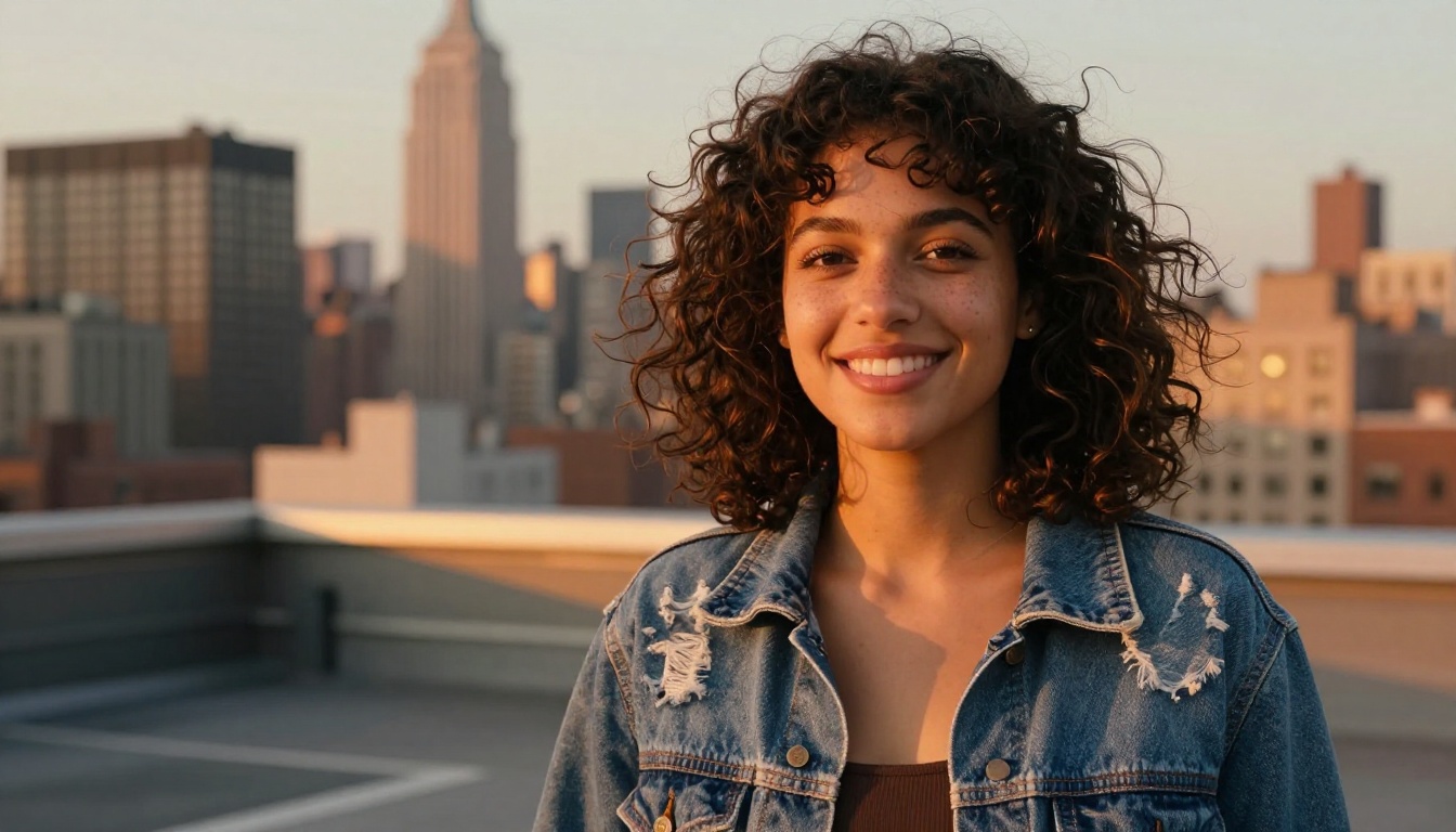 Young woman in denim jacket with AI-replaced New York City rooftop golden hour background