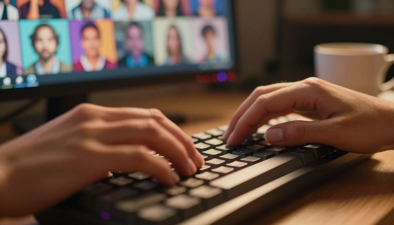 A woman sits at a creative desk, typing prompts into an AI image generation interface on a glowing monitor A woman sits at a creative desk, typing prompts into an AI image generation interface on a glowing monitor