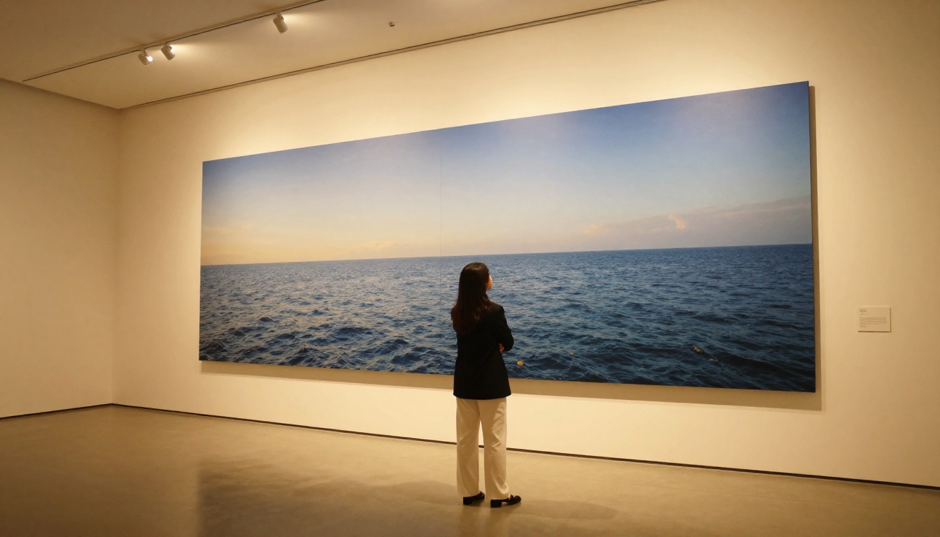 Young woman in tailored black blazer standing in a modern art gallery in front of a large photorealistic AI-generated seascape print on white wall Young woman in tailored black blazer standing in a modern art gallery in front of a large photorealistic AI-generated seascape print on white wall