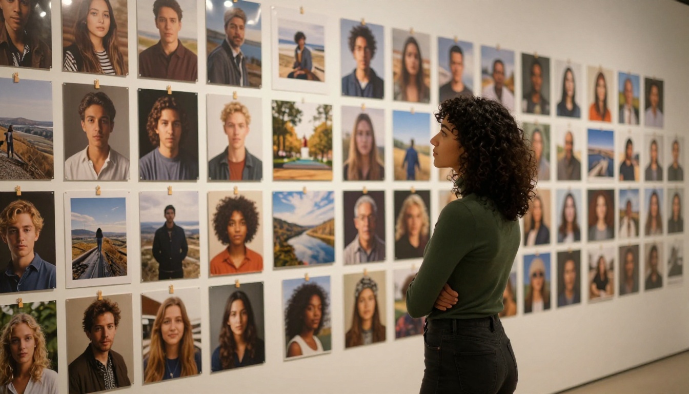 A confident woman stands before a large gallery wall covered with printed photorealistic AI-generated portraits and landscape photographs A confident woman stands before a large gallery wall covered with printed photorealistic AI-generated portraits and landscape photographs