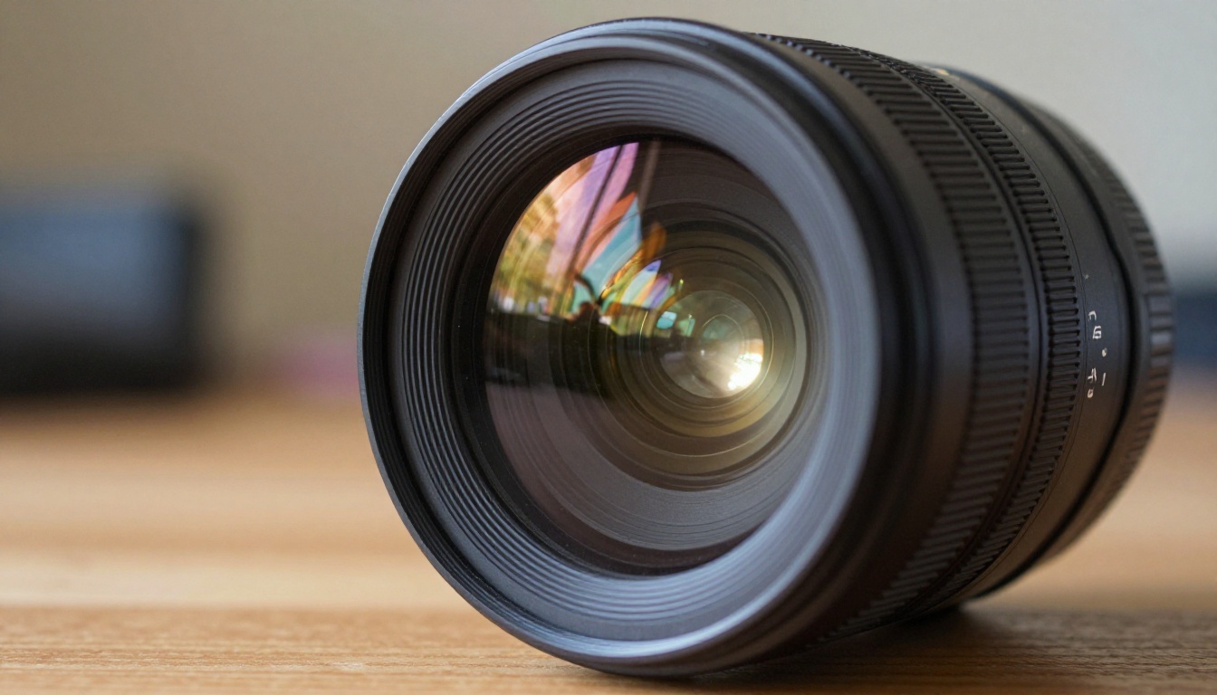 Close-up macro shot of a professional DSLR camera lens on a wooden table with rainbow light flare from morning sun hitting the lens coating Close-up macro shot of a professional DSLR camera lens on a wooden table with rainbow light flare from morning sun hitting the lens coating