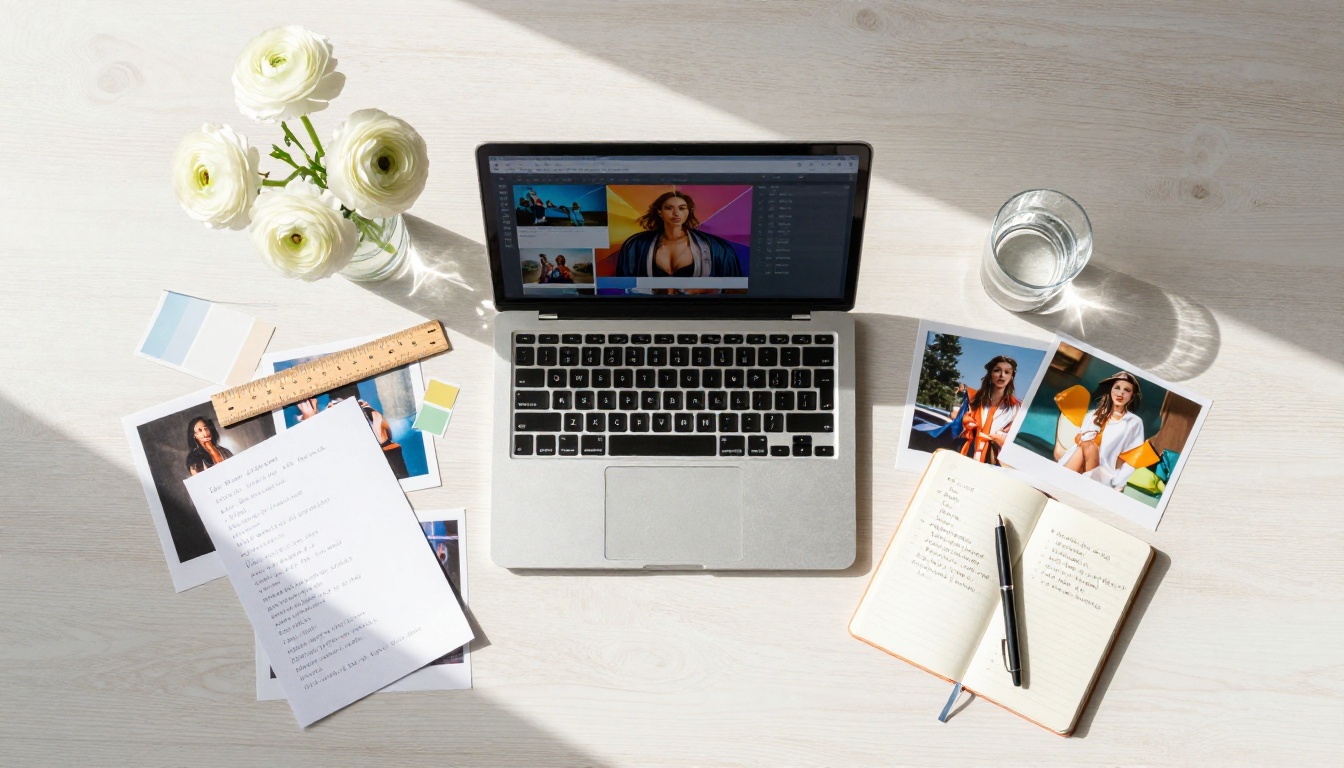 An overhead flat-lay of a creative workspace with a laptop showing AI-generated image thumbnails, surrounded by printed photos and notes An overhead flat-lay of a creative workspace with a laptop showing AI-generated image thumbnails, surrounded by printed photos and notes