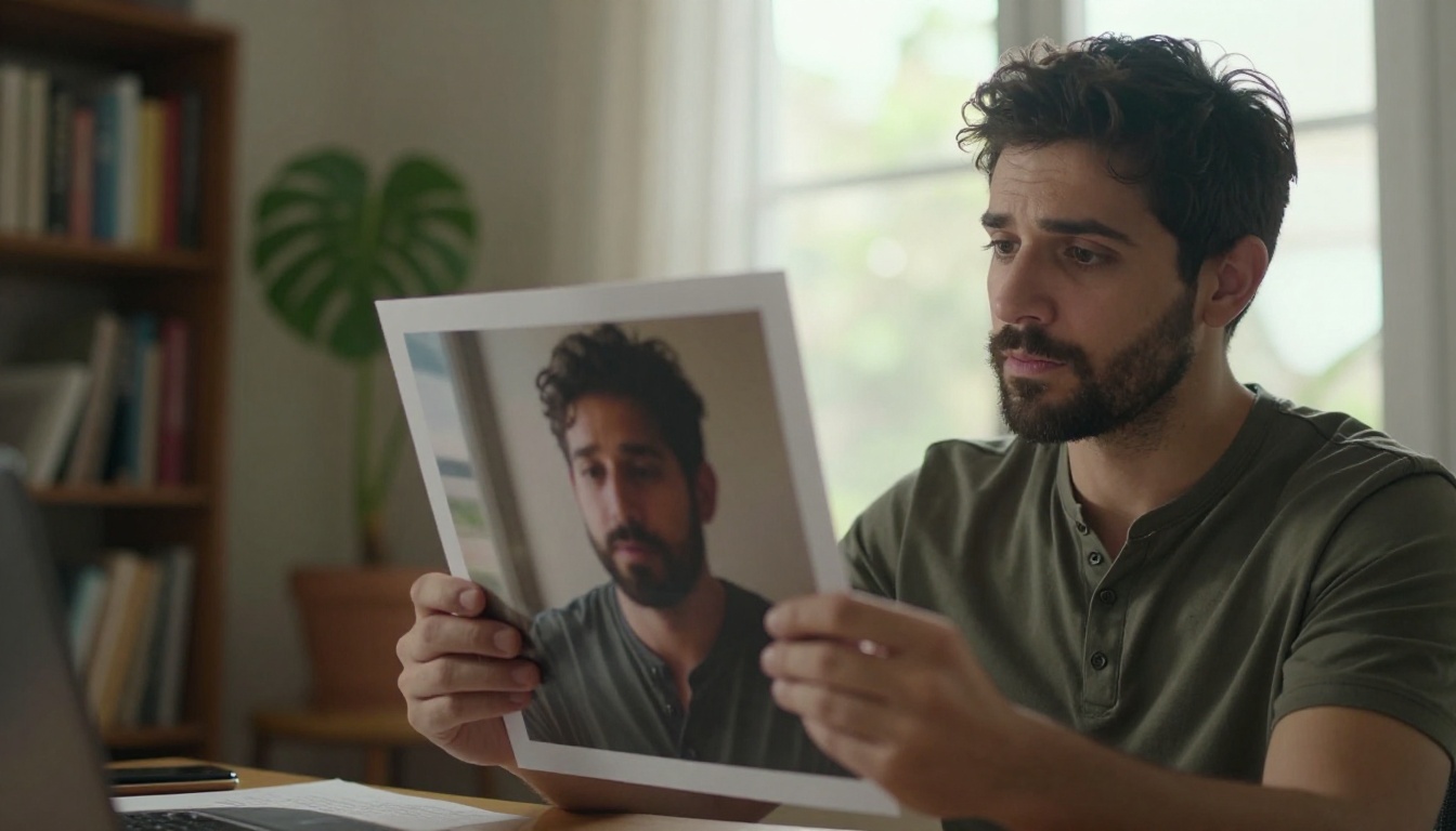 A focused man examines a large printed AI-generated photograph held up to a bright floor-to-ceiling window, inspecting the fine detail carefully A focused man examines a large printed AI-generated photograph held up to a bright floor-to-ceiling window, inspecting the fine detail carefully