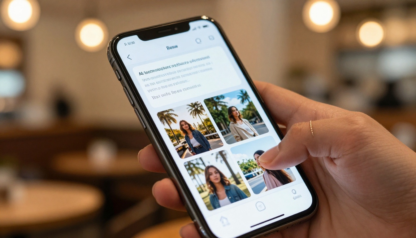 Close-up of a smartphone screen showing an AI image generation interface with a detailed text prompt visible in a clean input field Close-up of a smartphone screen showing an AI image generation interface with a detailed text prompt visible in a clean input field