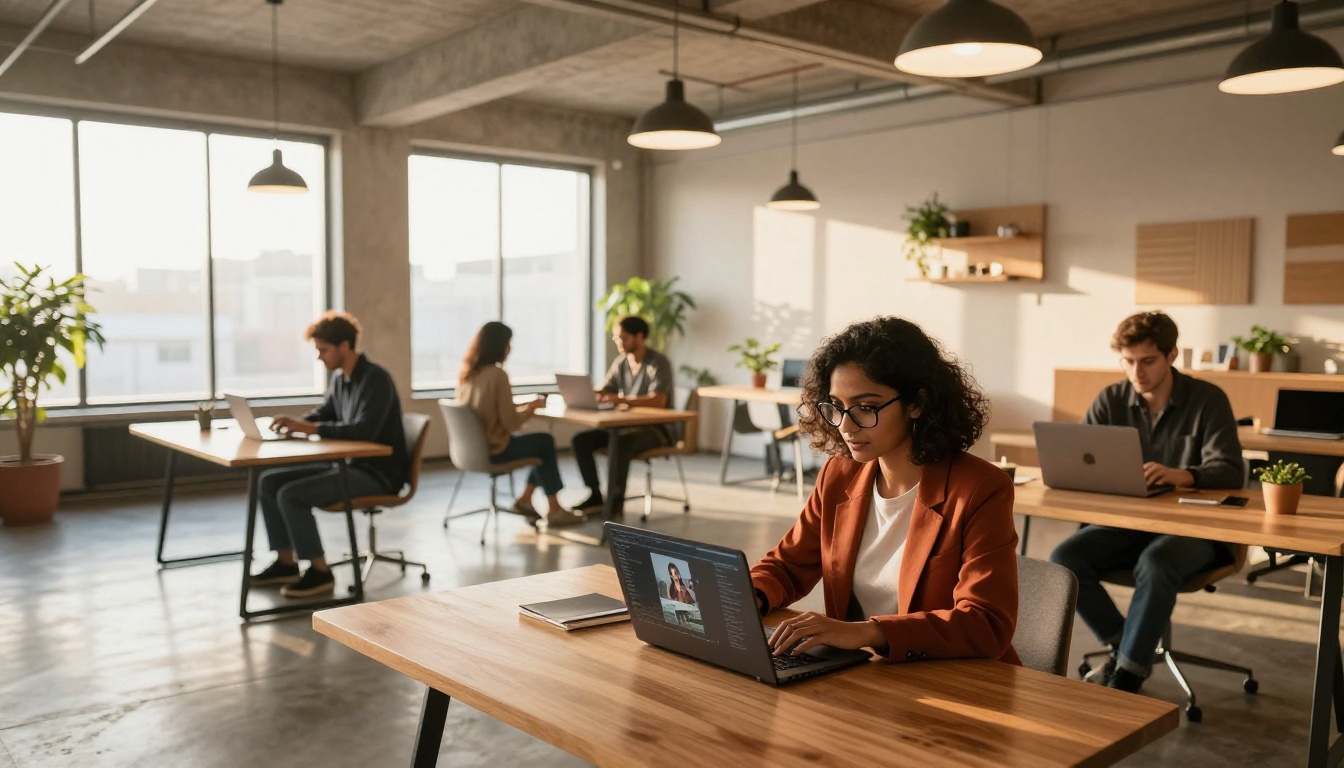 A bright modern coworking space with multiple creatives working on laptops displaying photorealistic AI-generated images on their screens A bright modern coworking space with multiple creatives working on laptops displaying photorealistic AI-generated images on their screens