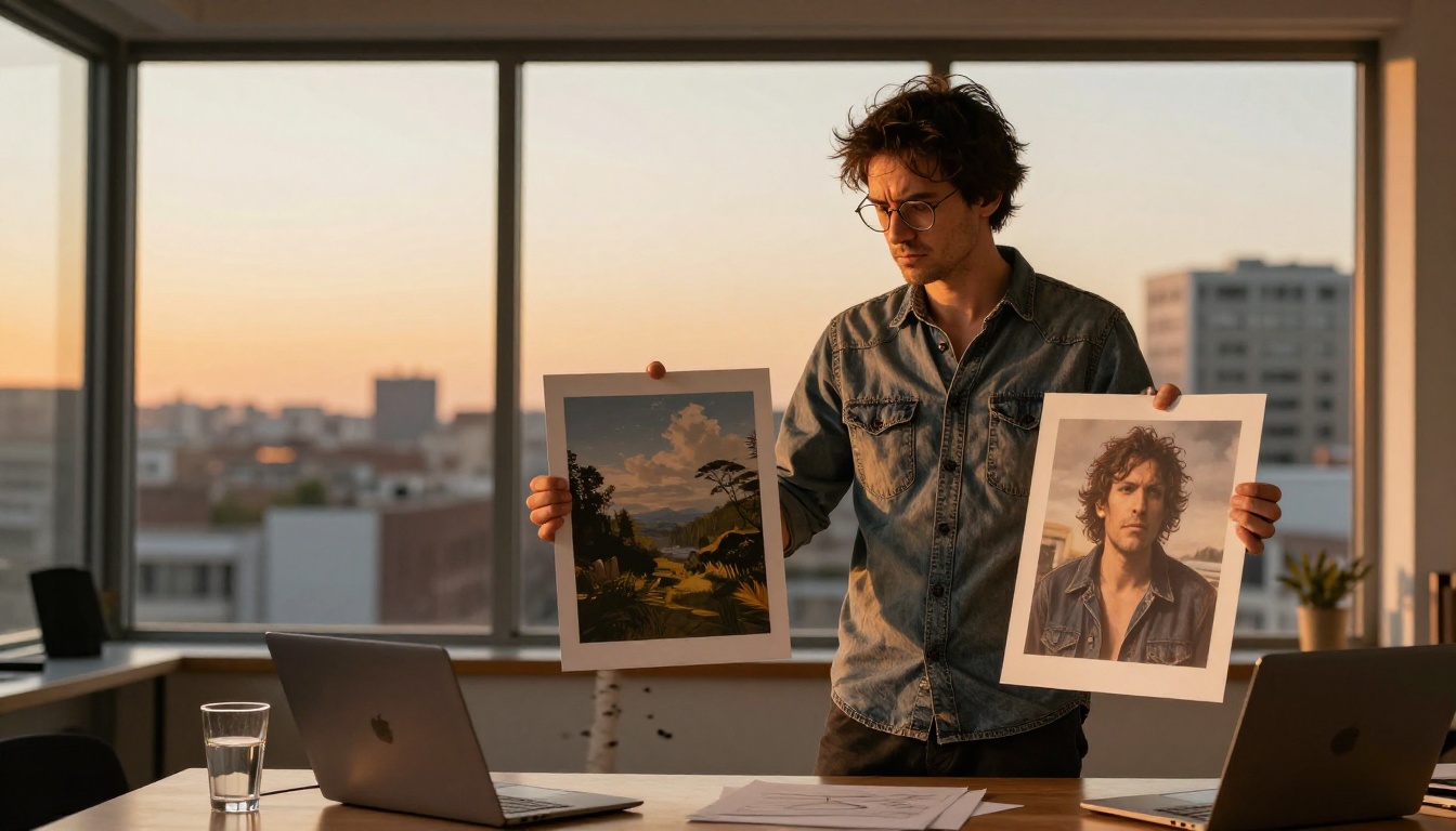 A man holds two large printed AI-generated images side by side at a standing desk, comparing them against golden hour light from floor-to-ceiling windows A man holds two large printed AI-generated images side by side at a standing desk, comparing them against golden hour light from floor-to-ceiling windows