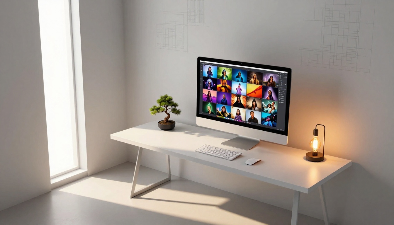 A minimalist white home office corner with a desktop computer showing a full-screen grid of photorealistic AI-generated images in vivid color on a large 4K monitor A minimalist white home office corner with a desktop computer showing a full-screen grid of photorealistic AI-generated images in vivid color on a large 4K monitor
