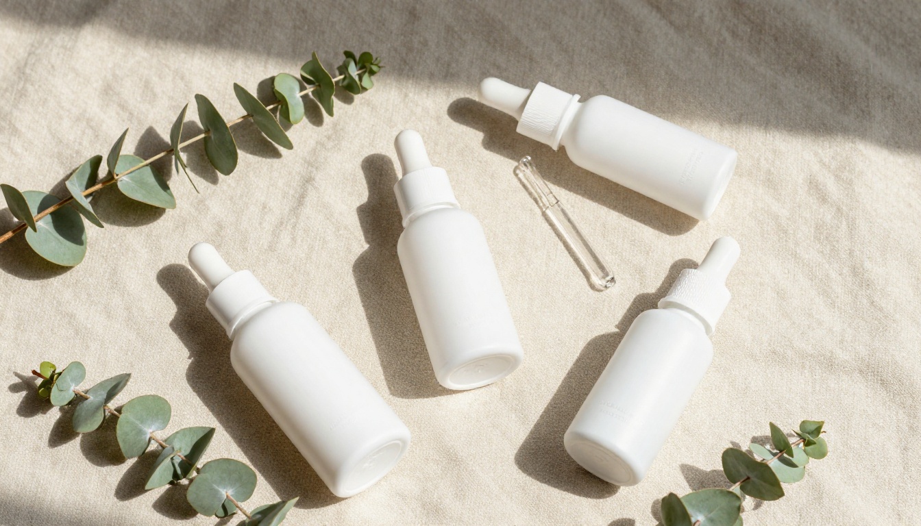 Skincare product flat lay with eucalyptus leaves on cream linen cloth