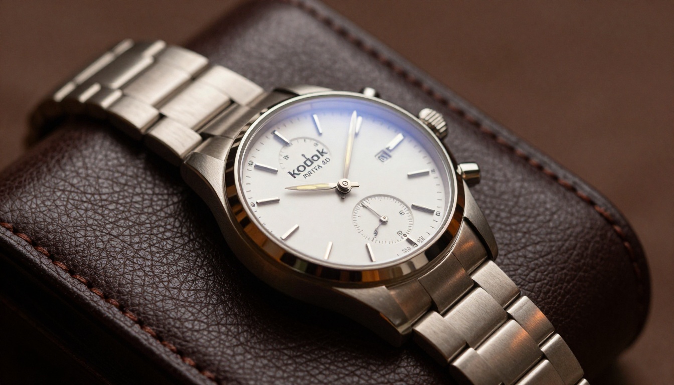 Luxury automatic wristwatch on dark espresso leather with tungsten rim light