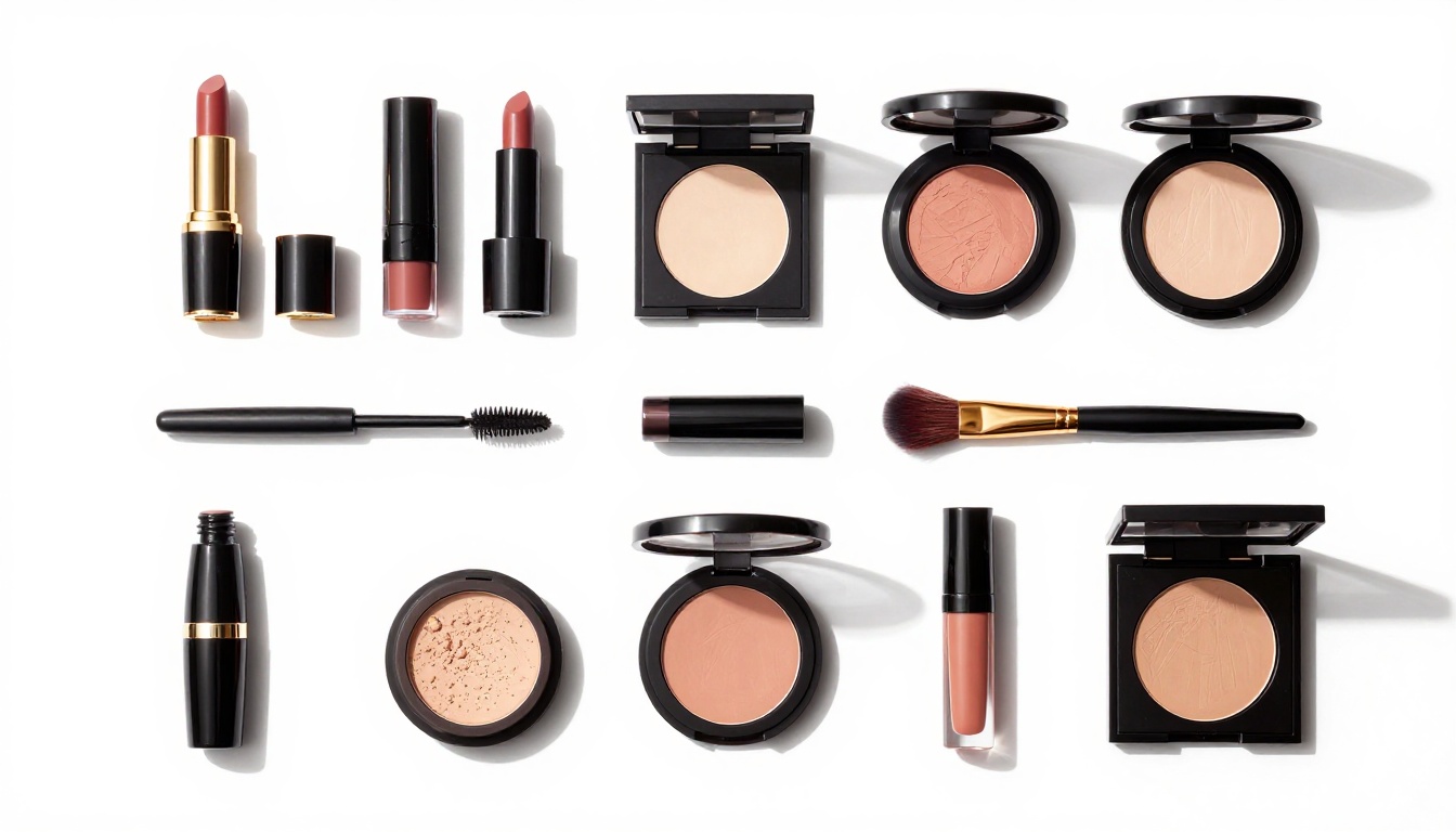 Top-down flat lay of luxury makeup collection on white studio surface