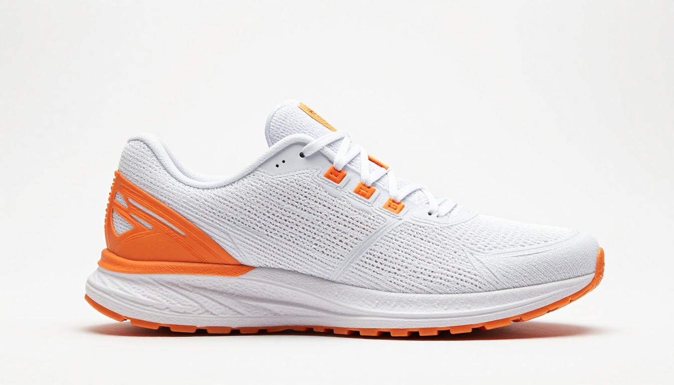 White running sneaker on pure white seamless backdrop with studio strobe lighting