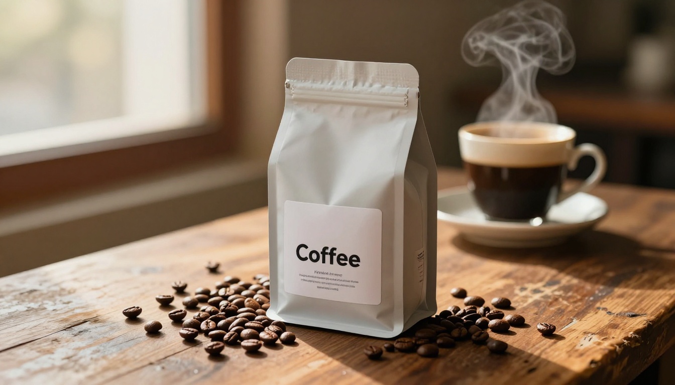 Craft coffee bag surrounded by roasted beans with morning window light