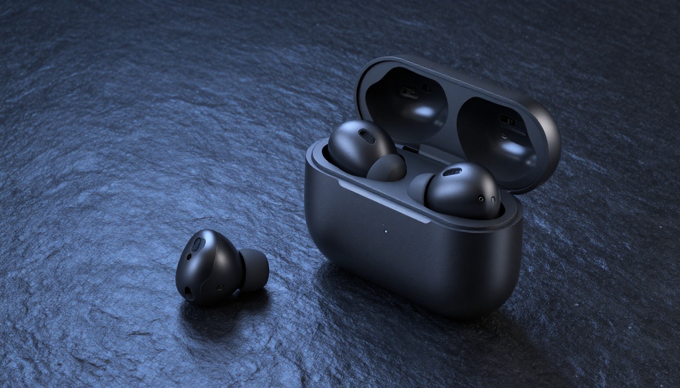 Matte black wireless earbuds case on dark slate stone with blue studio lighting