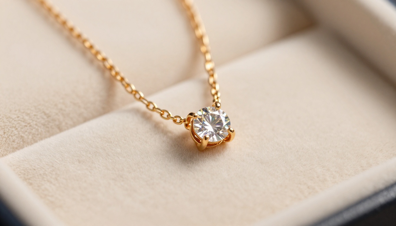 Gold necklace with diamond pendant on ivory velvet jewelry tray