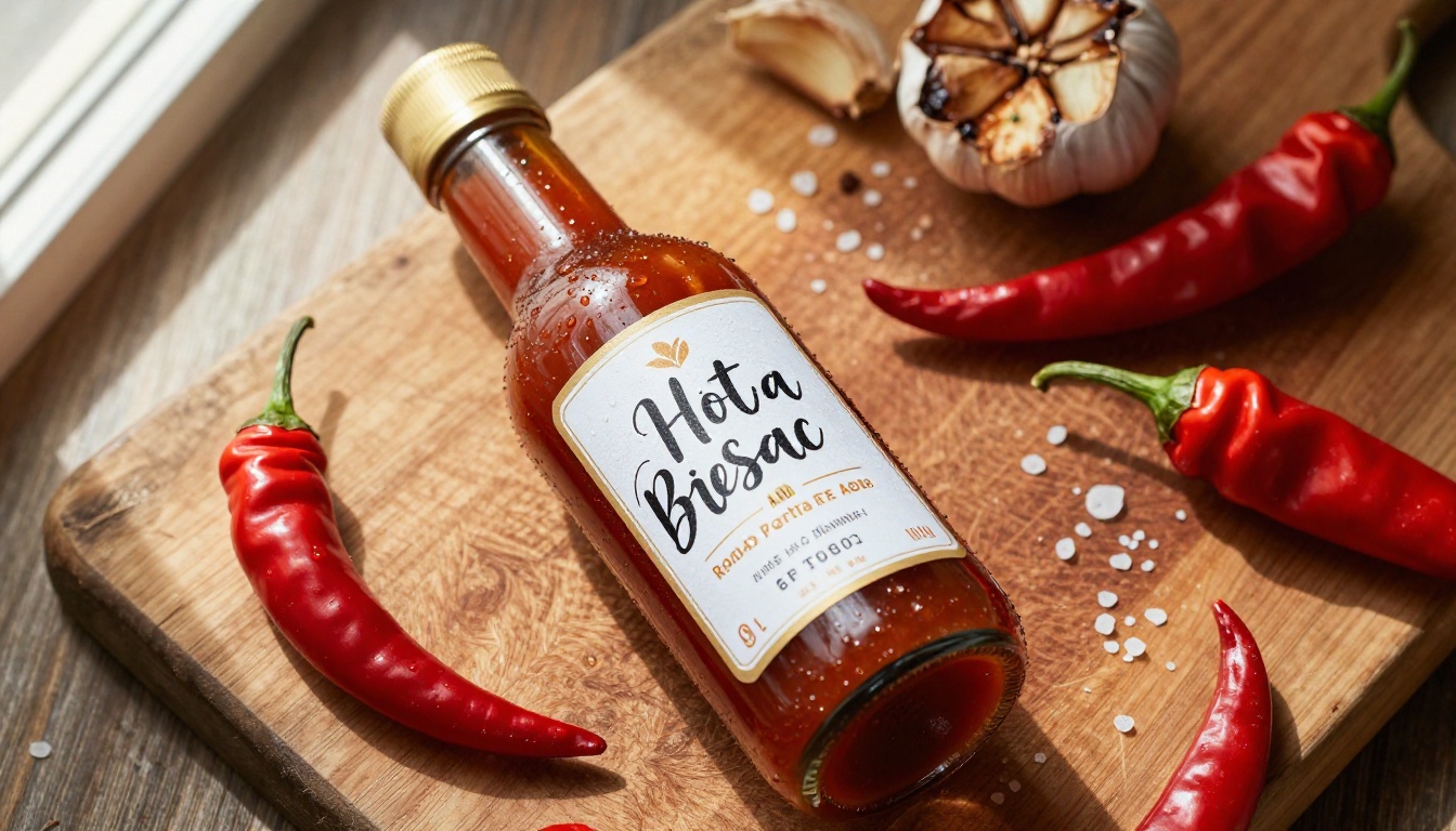 Artisan hot sauce bottle with red chili peppers and sea salt on wooden cutting board