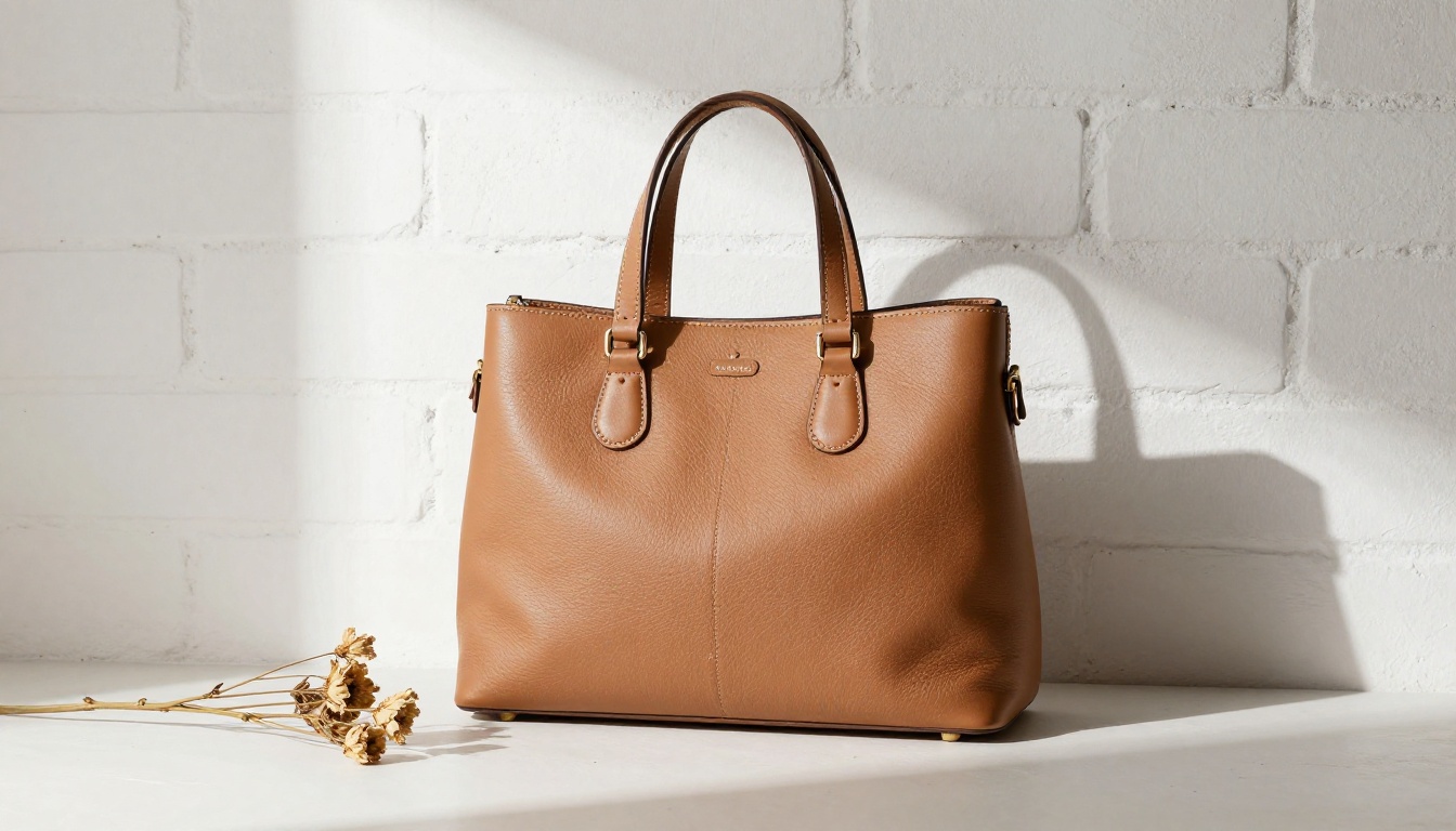 Structured tan leather handbag against white painted brick wall with natural afternoon light