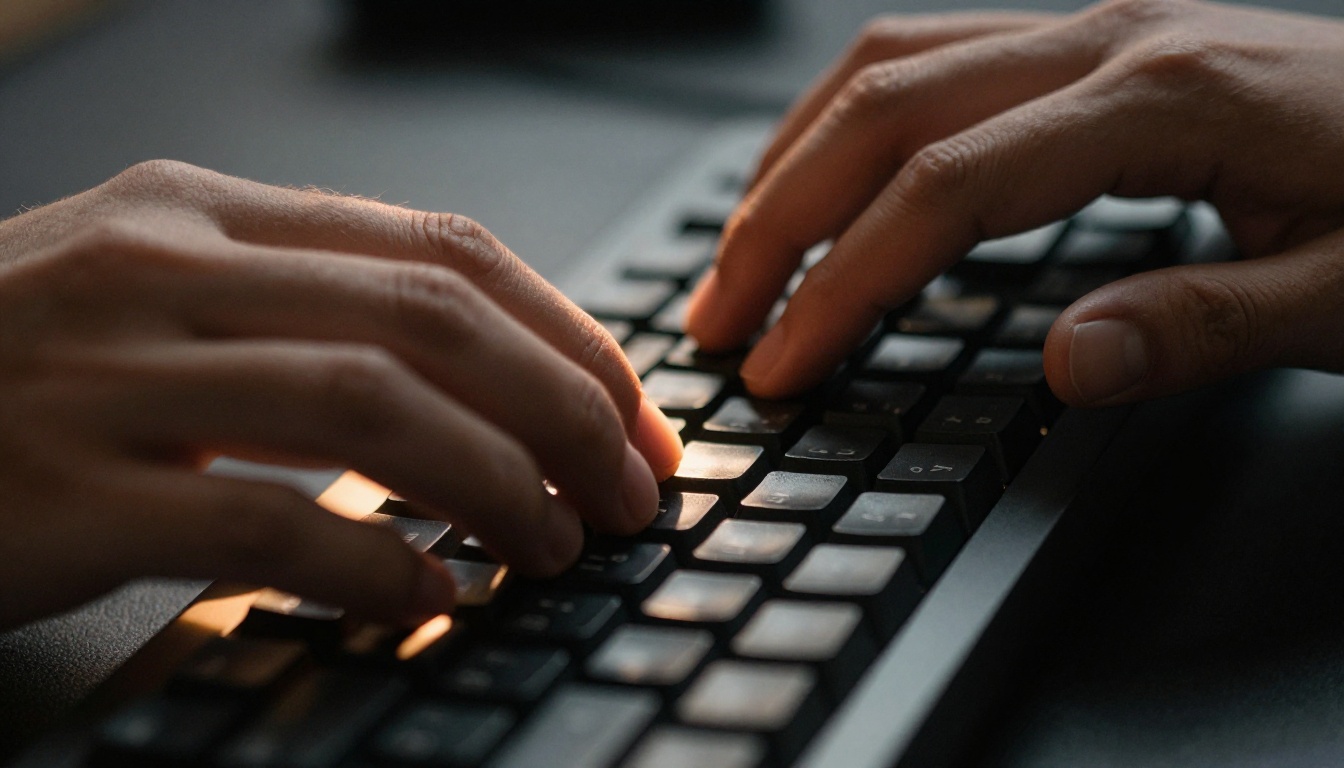 Close-up of hands hovering over mechanical keyboard with dramatic side lighting and Kodak film grain