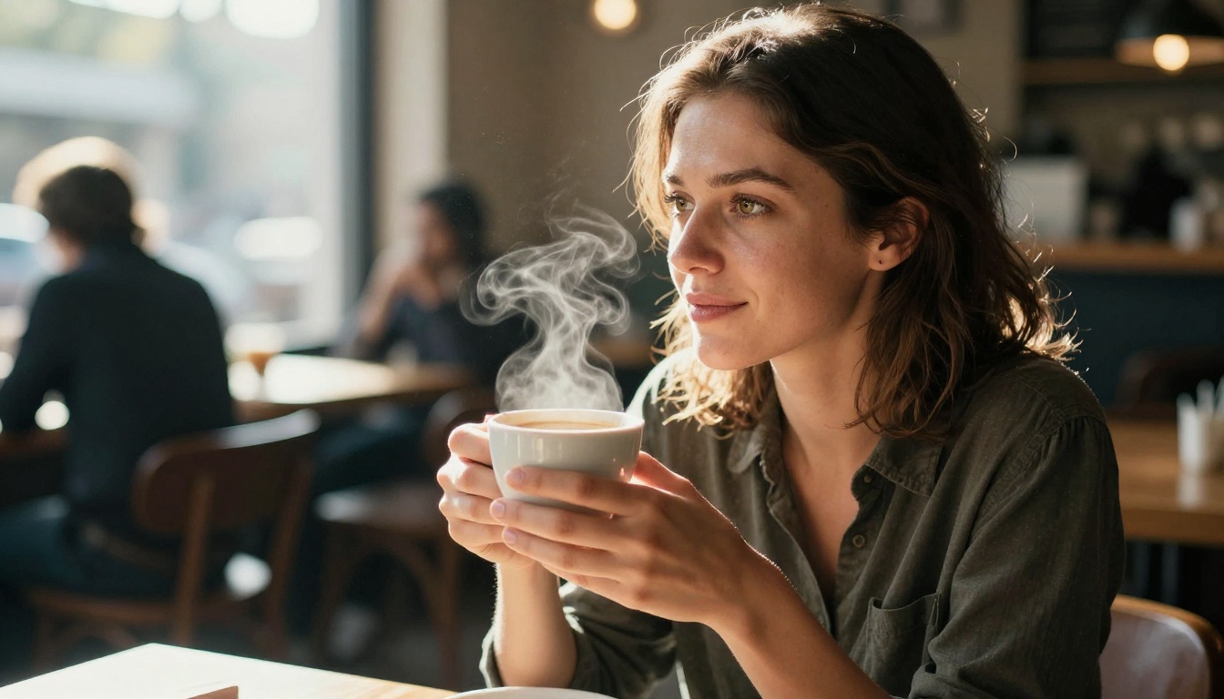 Woman sitting in a sunlit cafe holding coffee with natural window light and creamy background bokeh