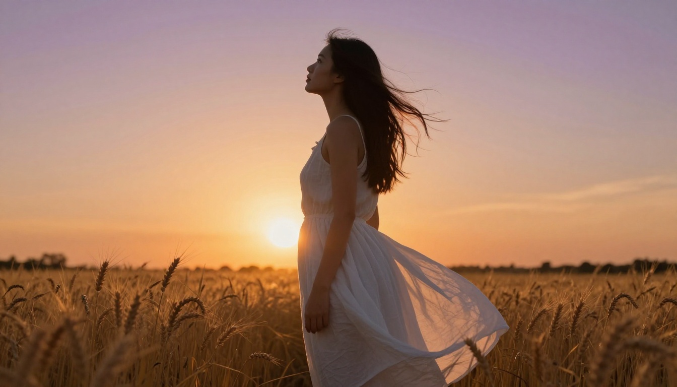 Female model in wheat field at sunset with strong rim light and natural lens flare