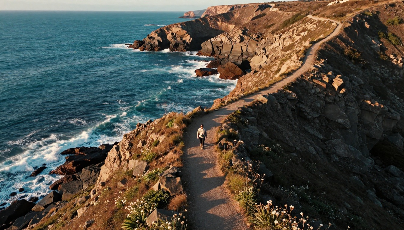 Aerial drone view of a winding coastal cliff path with crashing waves and wildflowers