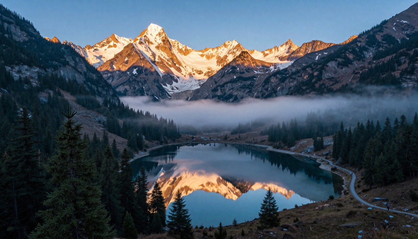 Alpine mountain valley at dawn with morning mist, mirrored lake, and two tiny hikers for scale