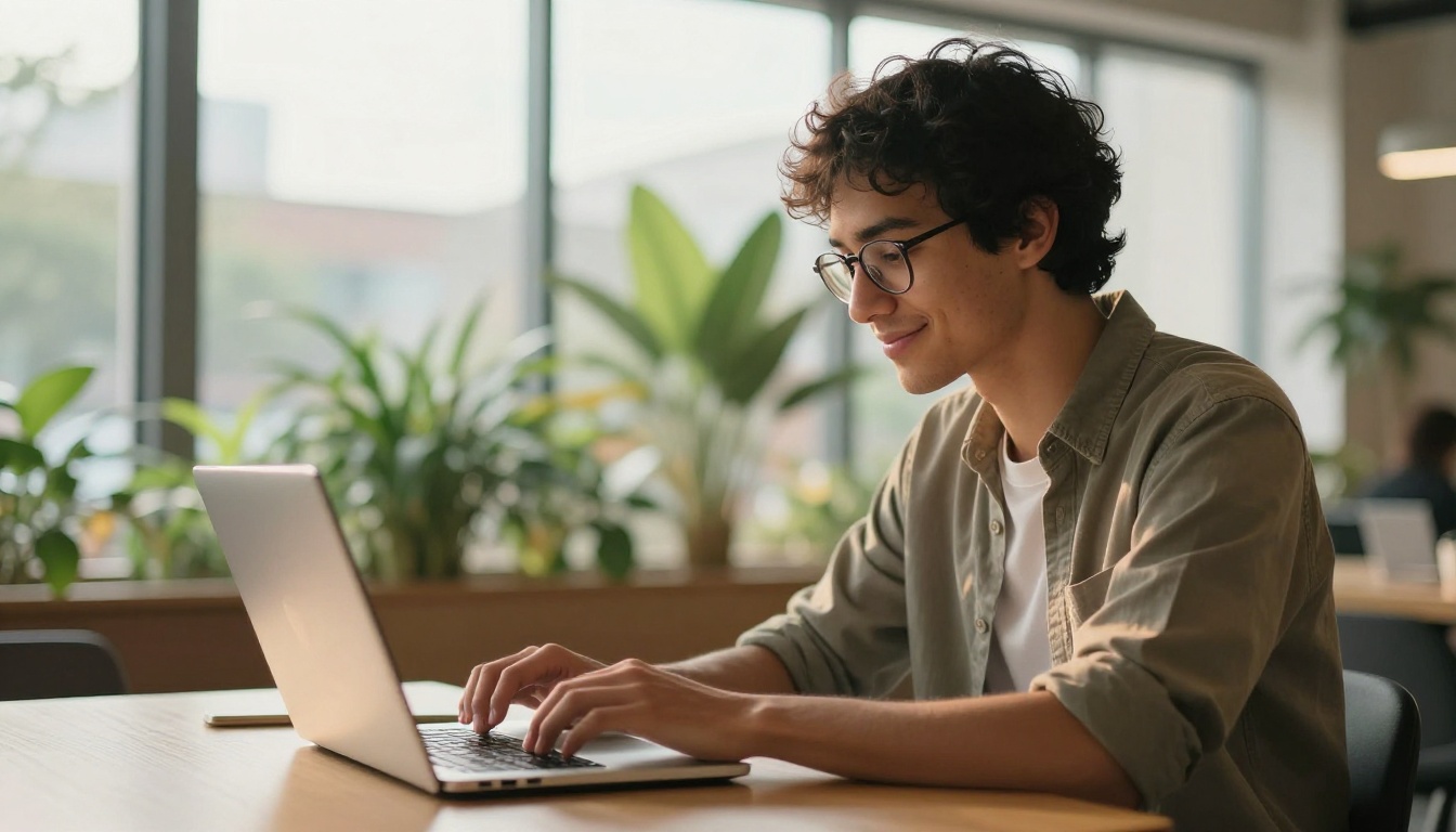 Young man with curly hair at a co-working space looking satisfied at a laptop screen
