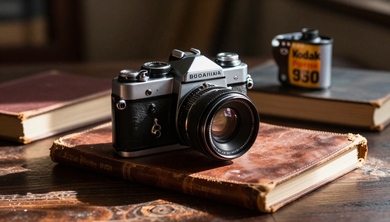 Vintage 35mm film camera resting on leather books with warm afternoon light and Kodak tones