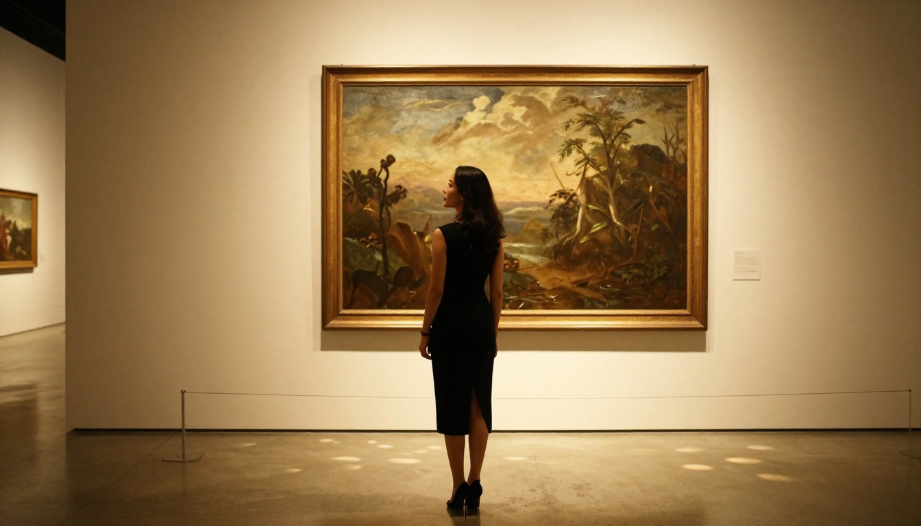 Elegant woman in a black dress standing before a painting in an art gallery with dramatic spotlight lighting