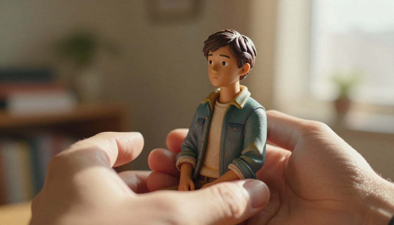 Hands cradling a personalized 3D-printed figurine with soft window light
