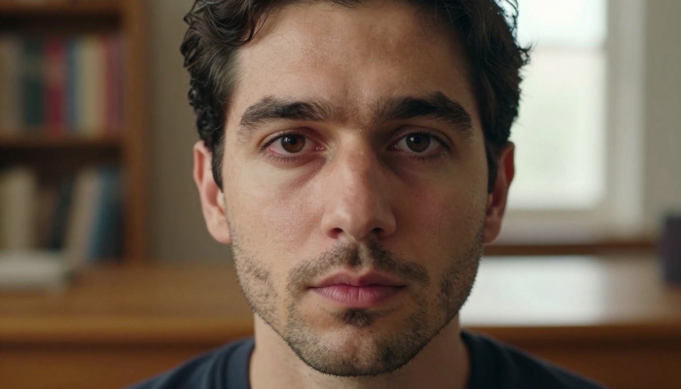 Man with dark hair and light stubble beard, close-up portrait with warm afternoon window light